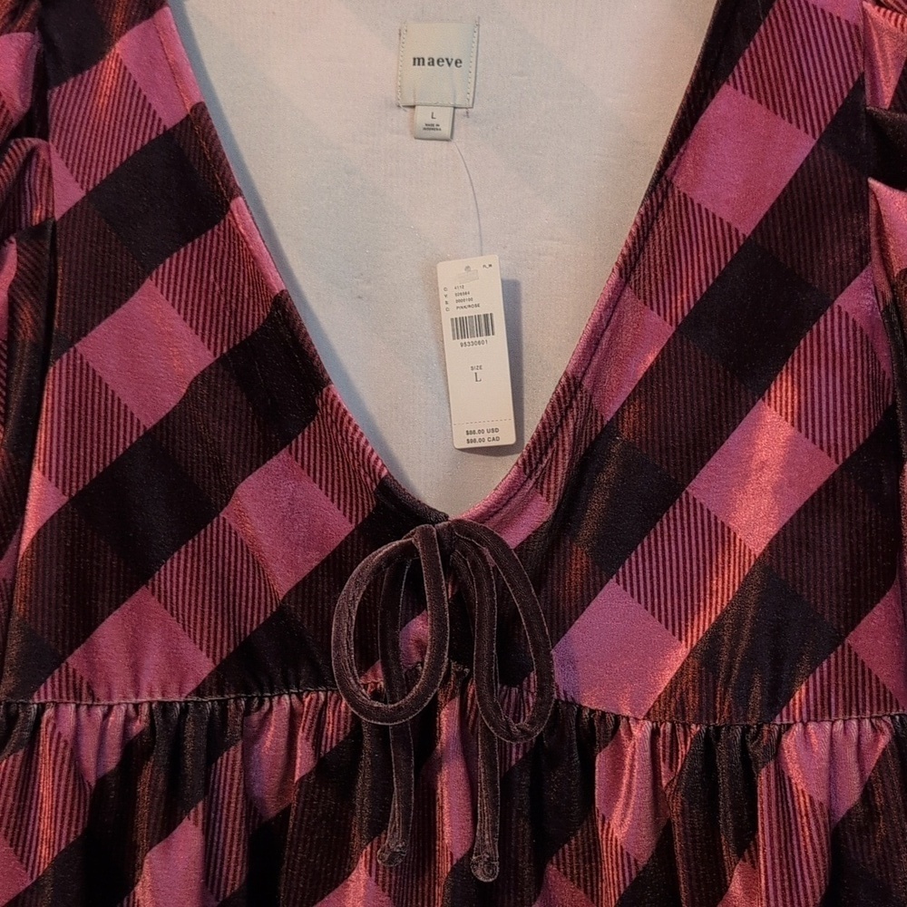 Maeve Velvet Babydoll Pink and Maroon Plaid Top NWT - Picture 2 of 4